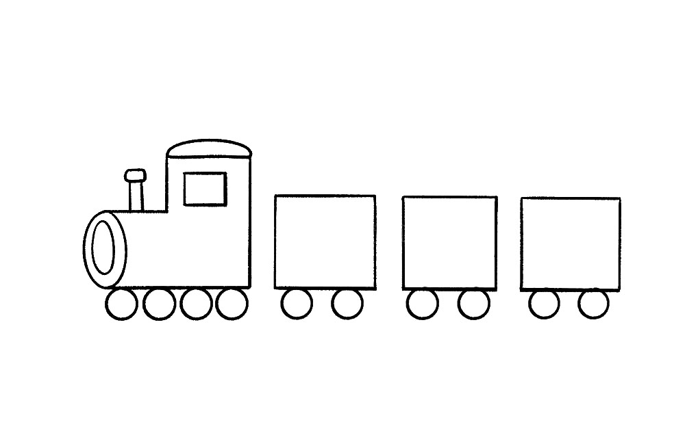 步骤5：接着，在火车头的下方画四个小圆，每个正方形的下方画两个小圆