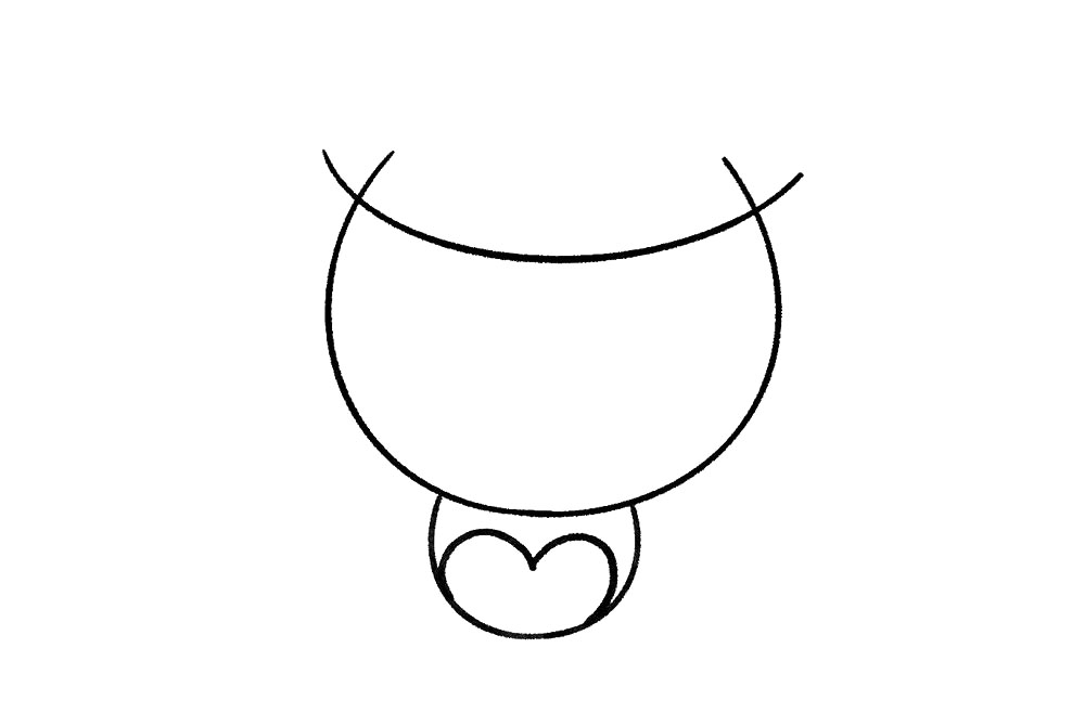 步骤3：然后，在头部的下方再画一个小半圆，里面画心形