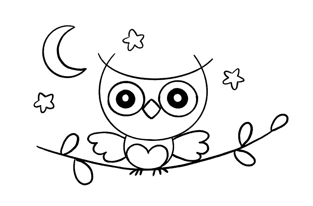 步骤7：猫头鹰都是在晚上出来活动的，所以我们可以在空白处加上月亮和星星来丰富画面。