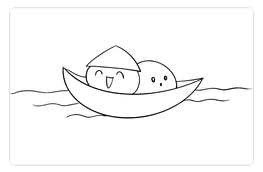 步骤5：接着，将小船补充完整，随意画一些波纹。