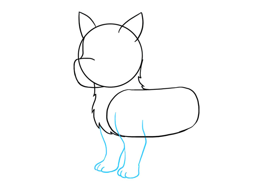 步骤5：画出前腿。对于每条腿，向下延伸两条曲线。注意直线的曲线如何指示膝盖和脚踝。然后，使用小“ U”形线代表脚趾，连接这些线。