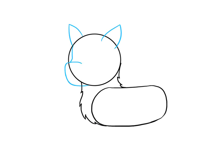 步骤4：开始画哈士奇的脸。对于每只耳朵，向上延伸两条曲线，使其在头上方会合，从而围成弯曲的三角形。对于口鼻部，从与脸部侧面交叉的大“ C”形线开始。然后，从口鼻部向上绘制一条曲线以与耳朵接触。