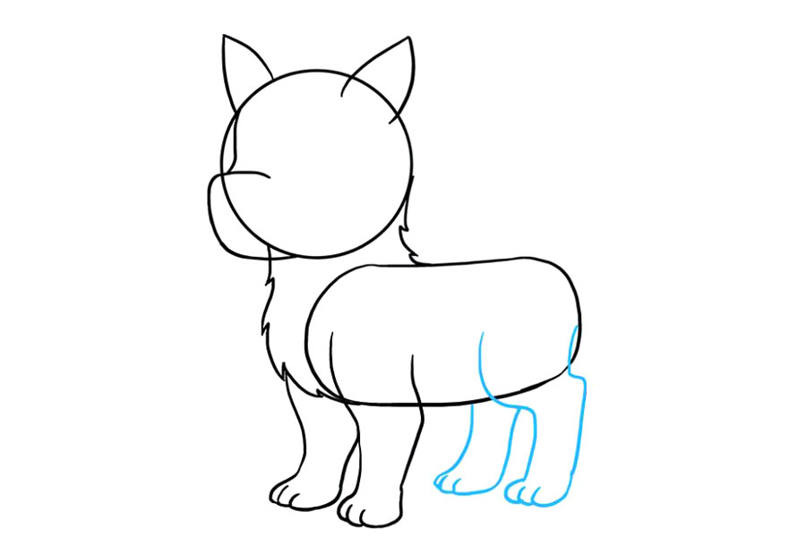 步骤6：画后腿。对于每条腿，从身体向下延伸一组曲线。请注意，在近腿上，线条在顶部附近具有极度弯曲，以指示大腿和脚踝的形状。使用一系列短的“ U”形曲线连接脚底部的脚线，以表示脚趾。