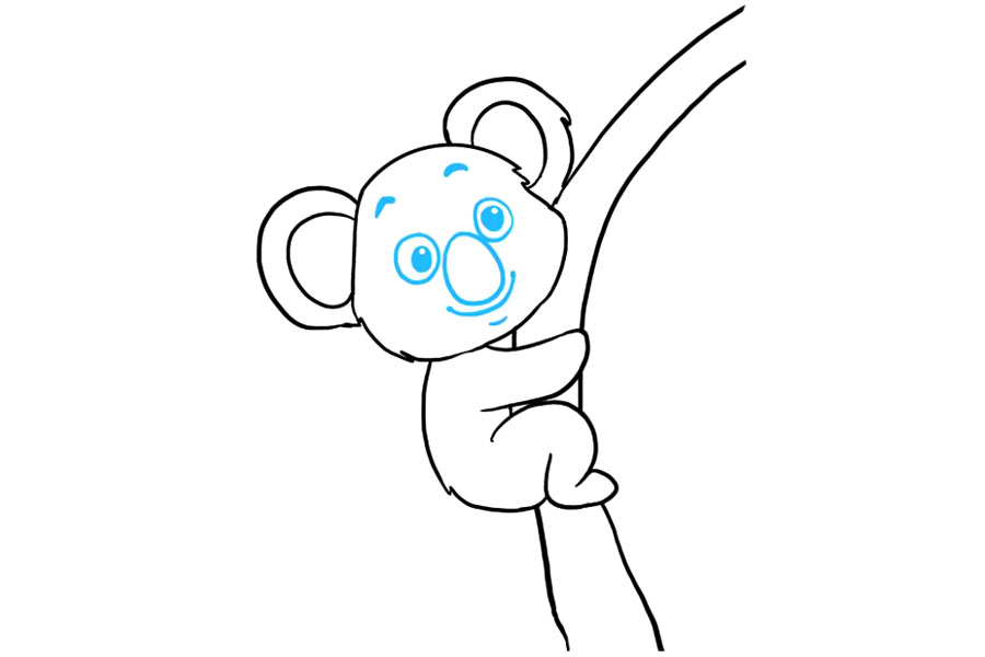 步骤9：细化考拉的脸。画一个大的蛋形椭圆形以形成鼻子。在鼻子的每一侧，画一个小圆圈以形成眼睛。在每只眼睛中，在一个圆圈内画一个小圆圈。两个圆圈之间的阴影，表示瞳孔。使用较宽的“ U”形线条形成笑脸，并使用较短的曲线表示下巴。在每只眼睛上方画一条粗线表示眉毛。