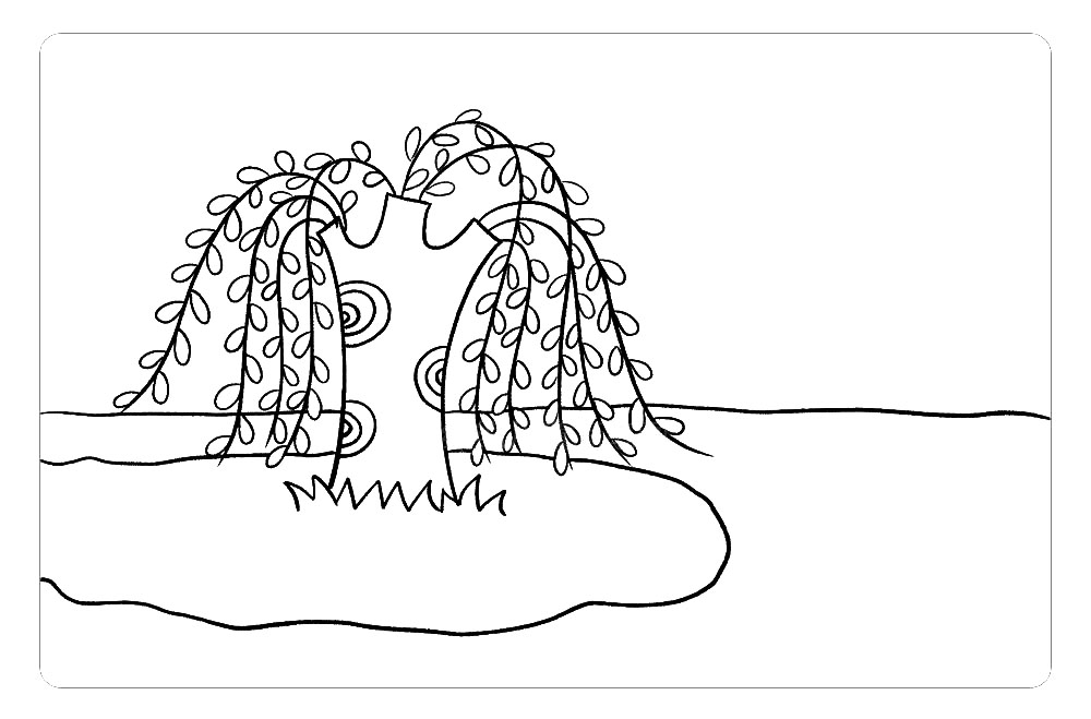 步骤6：接着，简单画出柳树周边的风景：草地、湖水