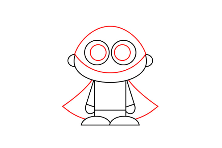 步骤4：我们再画两个圆形来画瞳孔。完成后，您可以在头部内部绘制一条曲线以创建遮罩。最后，不要忘了在卡通超级英雄的背上画一个大斗篷。