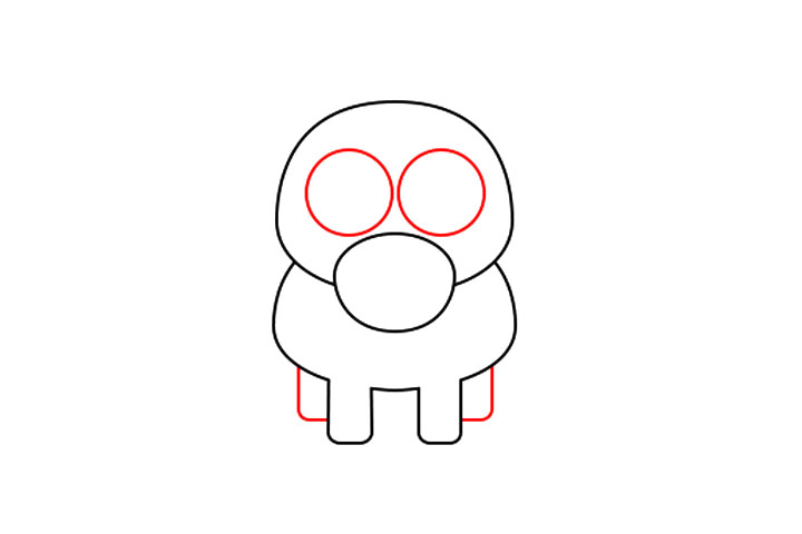 步骤2：完成后，画两个大圆圈眼睛。正如您在下面看到的那样，眼睛几乎彼此接触，并且非常靠近下巴。接下来，使用带有圆角的矩形画后腿。