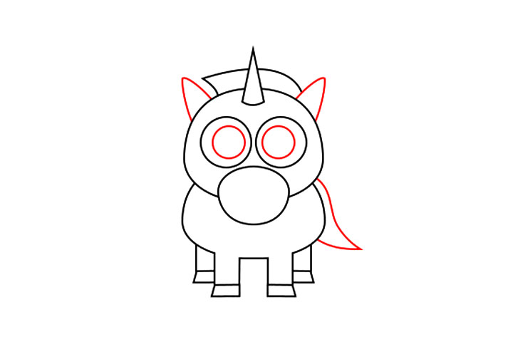 步骤4：通过使用带有圆角的三角形画耳朵来继续引入角色。学生是从大型圆形创建的。尾巴由一个由曲线制成的长三角形组成。