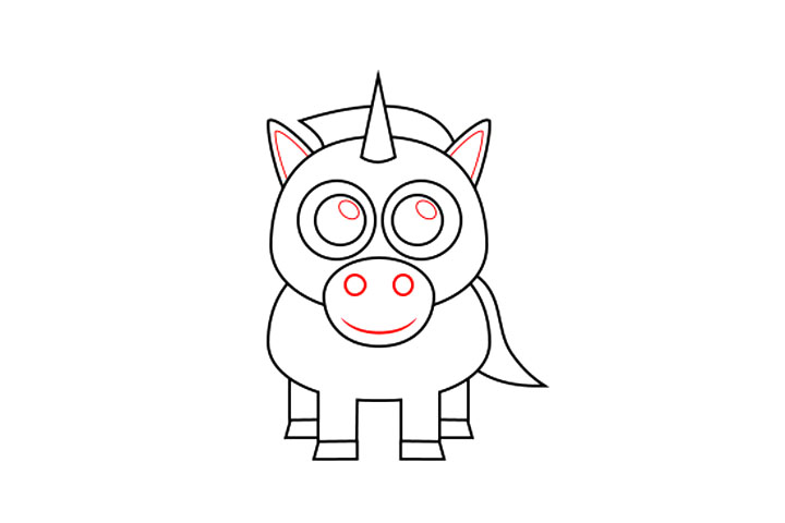 步骤5：在耳朵内部，画出第二条细线，如下所示。学生充满了小的椭圆形形状。在用于创建颌骨的形状内，使用大圆点画鼻子，并用小曲线画出嘴巴。