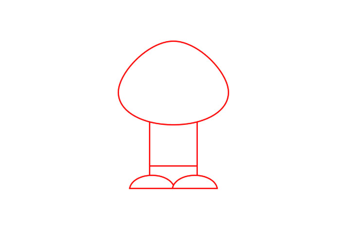 步骤1：画卡通吸血鬼的头部。形状必须类似于一个鸡蛋，只能更宽。主体由细长的矩形画成。另一个小矩形用于表示腿。脚由小的圆形形状画成。