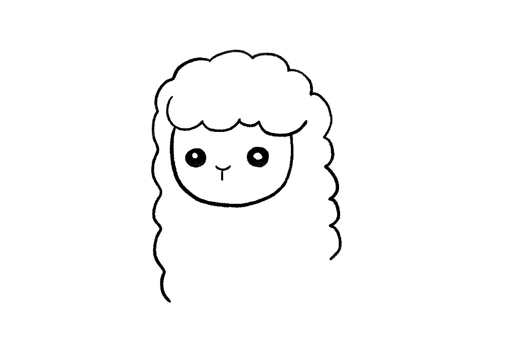 步骤3：羊驼的毛特别像绵羊，但是脖子要比绵羊长很多，抓住这个特点就可以画得很像了，画出像云朵一样的发形