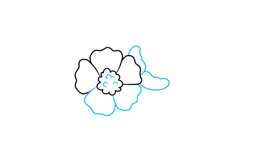 步骤2：使用波浪形曲线完成五个花瓣的循环。在花的中心绘制细线以赋予其纹理。接下来，勾勒附近花朵的花瓣。对于每个花瓣，使用一条波浪形曲线。