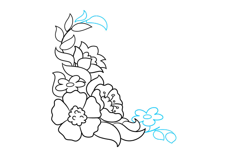 步骤7：在茎的顶部画更多的叶子。在花束的左下角画出另一个有叶子的茎。使用一系列“ U”形线条作为花瓣，以椭圆形作为中心，勾勒出另一朵雏菊的轮廓。
