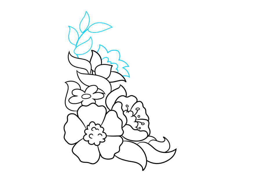 步骤6：将一些叶子状的人物变成另一朵花的花瓣。使用一系列连接的曲线和一系列在点处相交的曲线来制作其中心和其余花瓣。然后，画一个茎，上面有叶子，并在花的上方延伸。在茎上画一条长曲线。对于每片叶子，延伸两条曲线，并使它们汇合在一个点上。