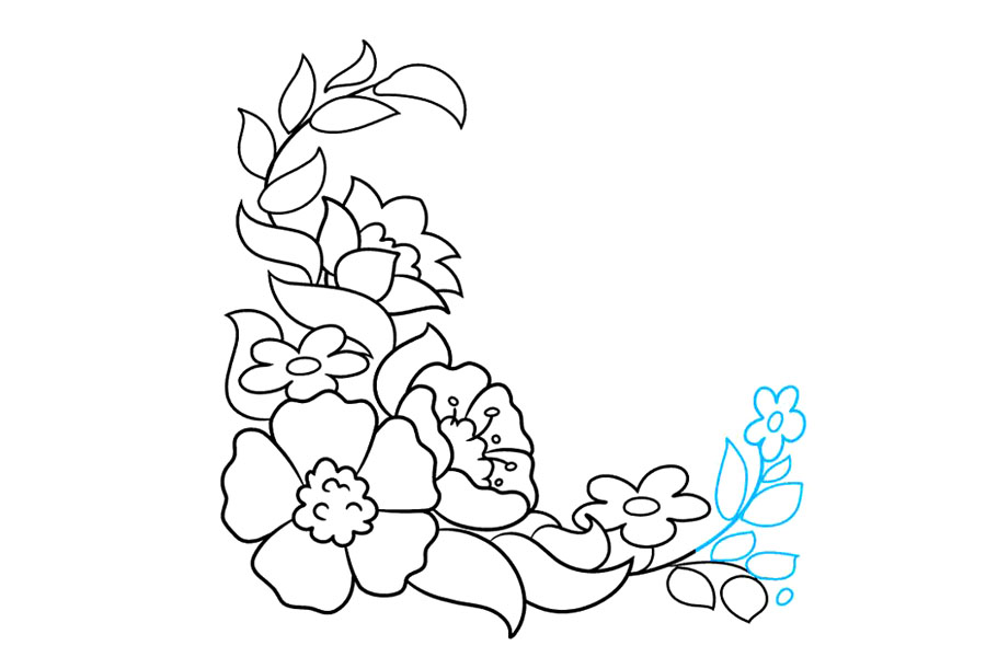 步骤8：继续延长底部。画更多的叶子，再画一朵带有“ U”形花瓣和圆形中心的花。