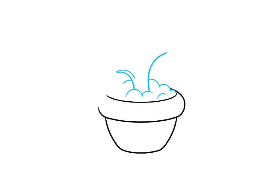 步骤2：使用曲线勾勒出植物的基础。在一点处画一条较短的曲线，与其中一条线相交，勾勒出叶子的茎。然后，使用“ U”形线条画出植物前后的污垢。