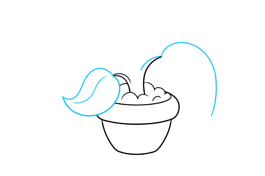 步骤3：画一张大叶子。从杆上延伸两条曲线，并让它们汇合在一个点上。然后，沿着叶子的中心绘制一条曲线，以指示中心静脉。请注意，叶子包围了花盆的开放侧。然后，画一条曲线，在某个点与植物的另一侧相交，形成另一个茎。从其尖端绘制一条长曲线，开始第二片叶子的轮廓。