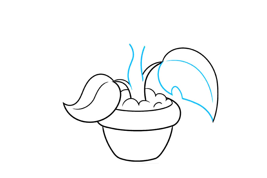 步骤4：使用曲线完成叶子的轮廓。注意形成缺口的“ U”形线，好像毛毛虫在树叶上。在叶的中心向下画一条线以指示静脉。然后，使用两条曲线延长植物的主茎。