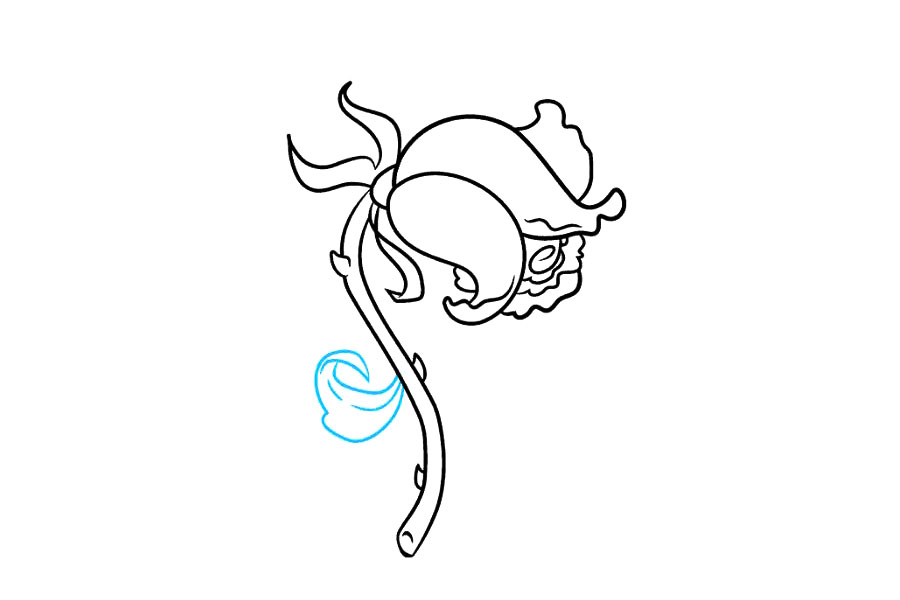 步骤6：使用重叠的曲线在茎的一侧勾勒出一片叶子的轮廓。绘制曲线以指示叶子的中心静脉。