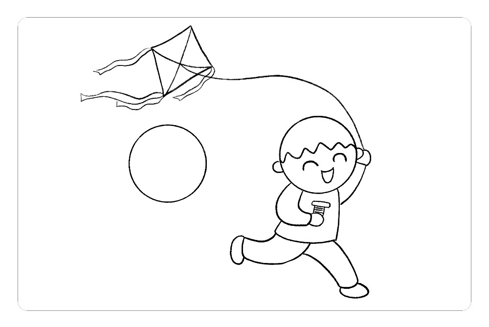 步骤3：然后，画出奔跑的小男孩和飘动的风筝，注意风筝线要和小男孩高举的小手相连哦。