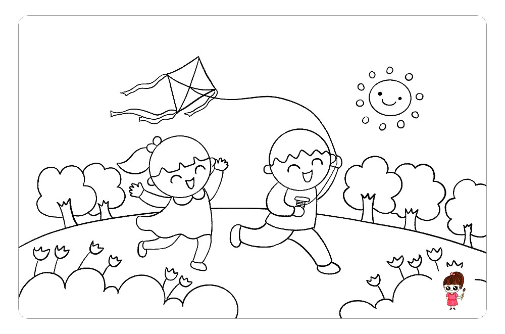 步骤9：再在画面的右上方画出萌萌的太阳，一幅春天的景象就画出来啦。