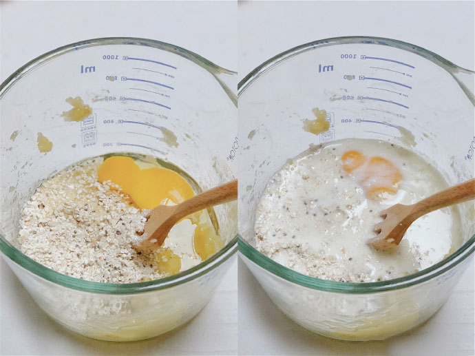 第2步：香蕉压泥加入鸡蛋，牛奶，燕麦，搅拌均匀。