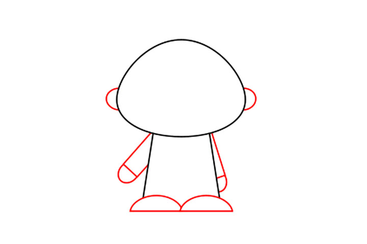 步骤2：用圆圈画耳朵。主体是梯形。脚是半圆形，而手臂由矩形画成。对于双手来说，小圆圈将是完美的!