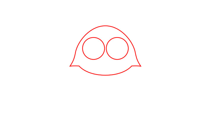 步骤1：画一个大的椭圆形，并在脸颊附近添加两个小三角形。完成后，画两个大的圆形眼睛。
