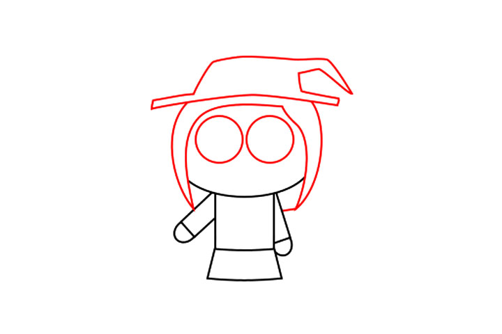 步骤3：画圆圆的眼睛。画头发和帽子。