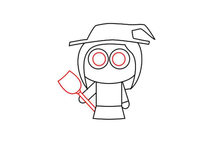 步骤4：使用长矩形和由曲线画成的小正方形表示卡通女巫的扫帚。不要忘了画眼睛内部的瞳孔。