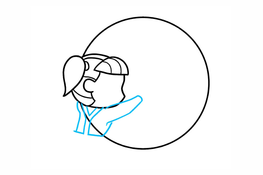 步骤4：画出小女孩的手臂和身体。在她的背上围上一个“ Y”形吊带。