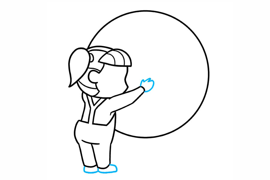 步骤6：用波浪形的曲线勾勒出女孩手的不规则形状。另外，用弧形线画出鞋子。