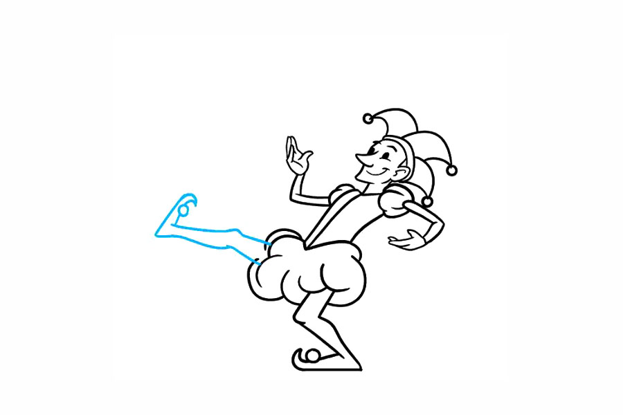 步骤8：画出剩下的那只腿，以滑稽的舞蹈伸展。同样，使用曲线将腿和尖头鞋包起来。在鞋子的顶部画一个圆形的铃铛。