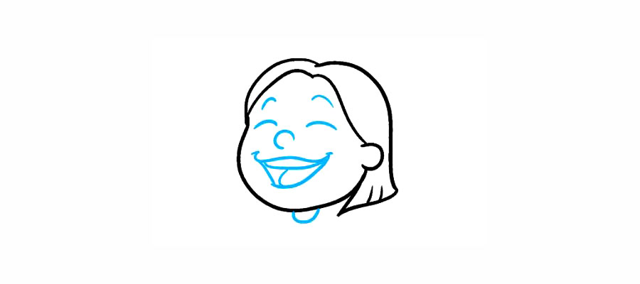 步骤2：细化脸部特征。对眉毛，闭合的眼睛和鼻子使用曲线。然后，画笑的嘴。使用其他曲线描绘上下嘴唇，嘴角，牙齿和舌头。最后，用“ C”形线勾勒出颈部轮廓。