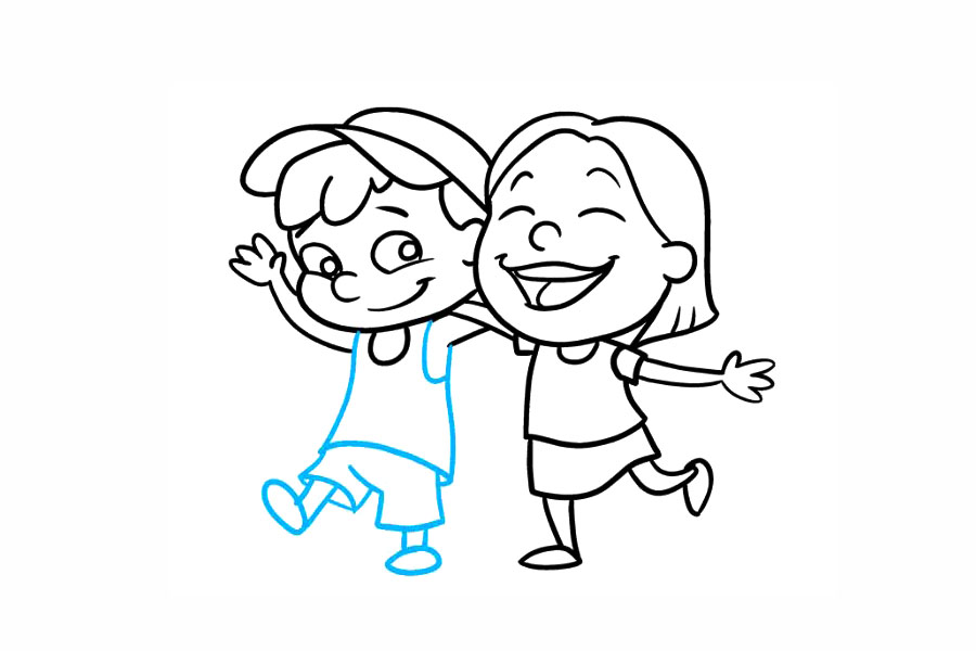 步骤7：画男孩的身体。用曲线勾勒出衬衫的矩形形状，以及手臂的“ C”形开口。使用重叠的曲线画短裤。延长线对以形成腿部。在每只鞋的末端，画一个椭圆形的鞋子。