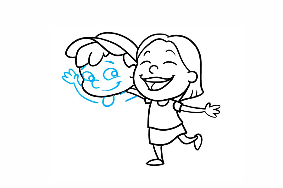 步骤6：细化男孩的脸。画曲线以形成他的脸颊的顶部。在每个上方，围成一个较大的局部圆圈以形成眼睛。在每只眼睛内，画一个较小的圆圈以表示瞳孔。然后，使用曲线勾勒出眉毛，“ C”形的鼻子和脖子以及微笑的嘴巴。延伸成对的曲线以形成手臂。用重叠的“ U”形线画一只手来围住一只手臂的末端。