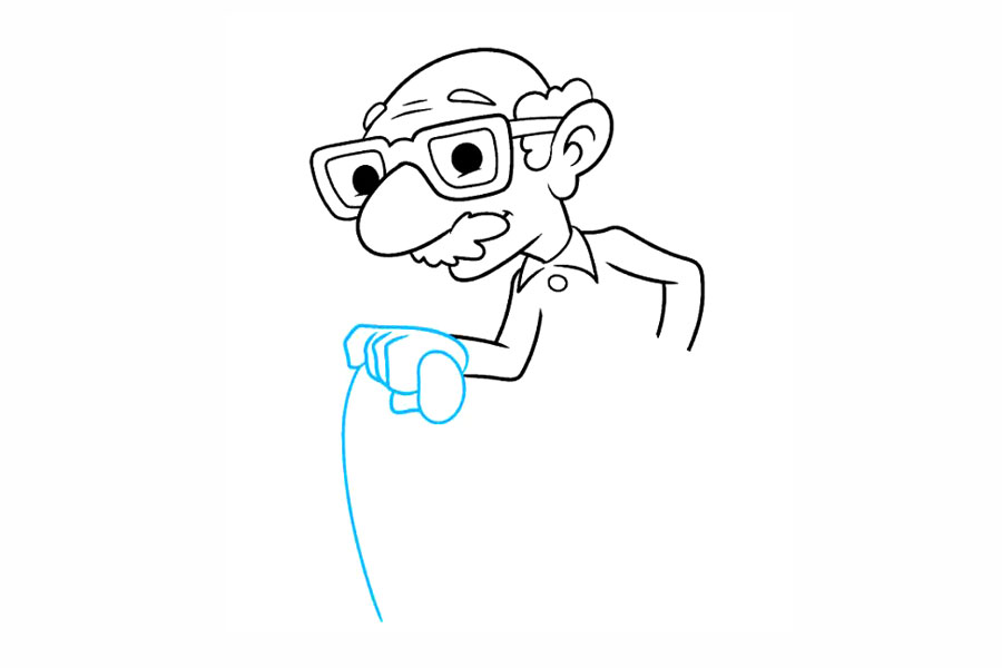 步骤6：在一只手臂的末端绘制一个豆形，以形成拐杖的顶部。然后，使用重叠的曲线绘制手，手指和拇指。在手下方，延伸一条长曲线以勾勒出手杖的一侧。