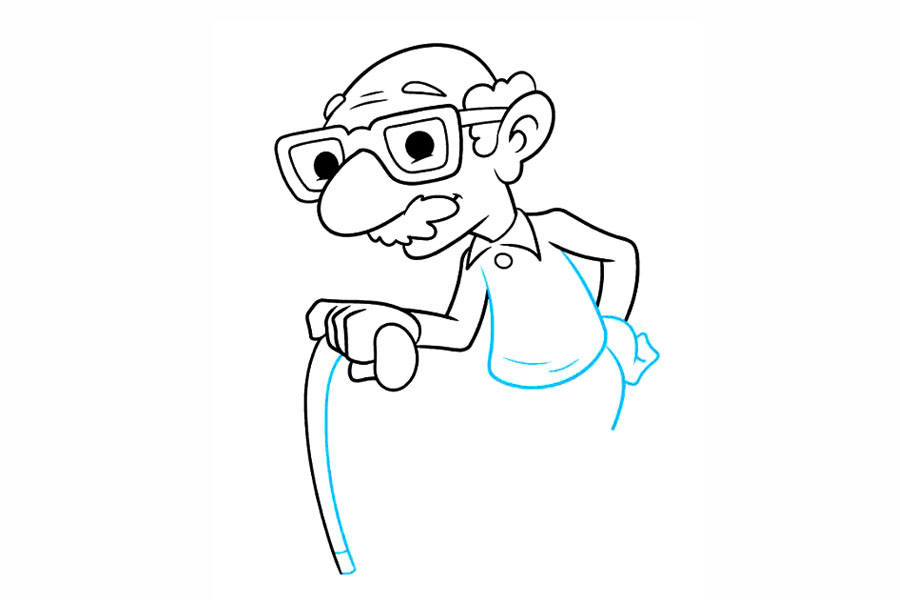 步骤7：画一条与第一个平行的长曲线，并在底部将它们连接起来，并围成拐杖的形状。在底部绘制一条曲线以指示橡胶尖端。然后，使用曲线勾勒出衬衫的躯干轮廓。使用弯曲的线条勾勒出衬衫的面料轮廓，开始勾勒出裤子的轮廓，然后大致画臀部的轮廓。