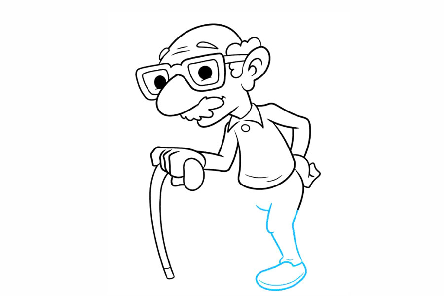 步骤8：使用重叠的曲线勾勒出裤腿。注意膝盖的轮廓和脚踝处的褶皱。接下来，使用曲线勾勒出鞋子的不规则形状。然后，画一条平行于鞋子底部的曲线表示鞋底。