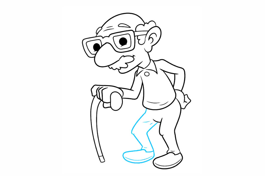 步骤9：使用重叠的曲线画剩下的裤腿。再次注意膝盖的轮廓和织物的褶皱。然后，使用曲线勾勒出鞋子的不规则形状。画一条平行于鞋子底部的曲线来表示鞋底。