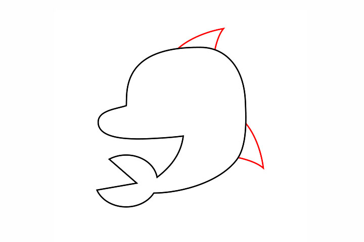 步骤2：使用小三角形，可以在头部的顶部添加一个鳍，在鲨鱼的右侧添加另一个鳍。确保这些形状略微弯曲和尖锐。