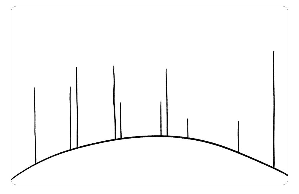 步骤1：首先，画一条大大的弧线，弧线的上方画出长短不一的竖线