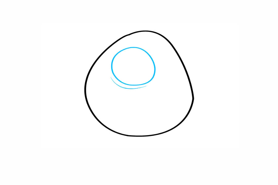 步骤3：在蛋形的顶部中心画一个椭圆形，勾勒出一只大眼睛的轮廓。通过在眼睛下方画一条曲线来形成下眼睑。