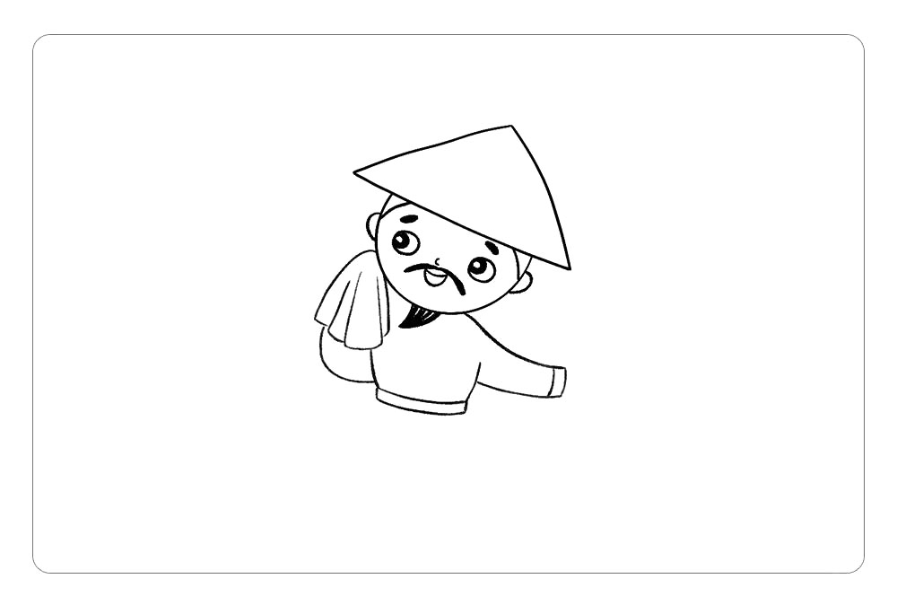 步骤3：然后，画出农民伯伯正在擦汗的动作和一只张开的手臂。