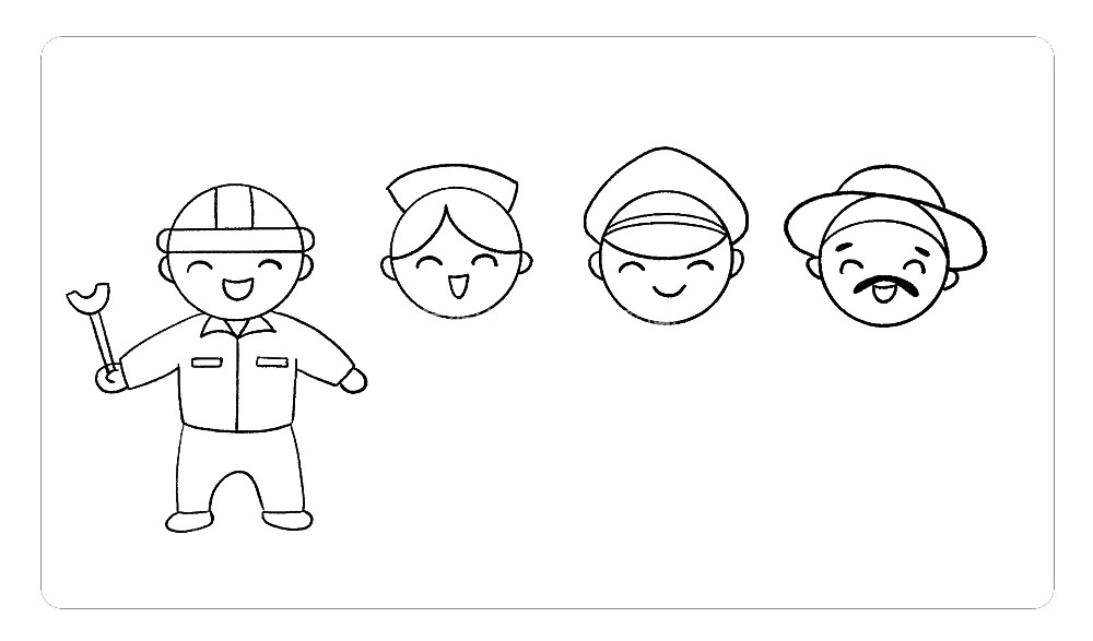 步骤6：简单画出工人叔叔的服装，一只手拿着工作用的扳手，一只手臂自然下垂