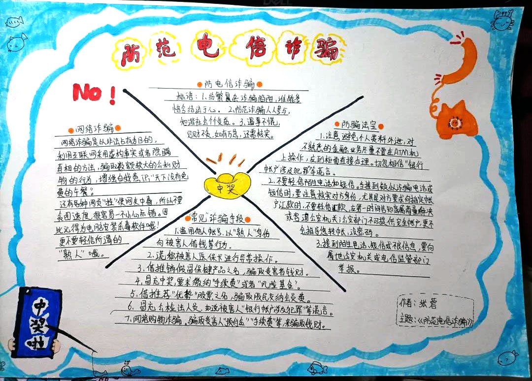 步骤1：作品寓意：防范电信诈骗的手抄报边缘用蓝色进行填充，里面有各种小鱼，左下角一个手机信息中显示中奖了，从手机中延伸出一根鱼竿，正在钓蓝色海洋里面的鱼，是电信诈骗中常见的`钓鱼″行为。中间的元宝划了一个大叉，和左上角`NO！`，右上角电话。突出主题，防范电信诈骗！