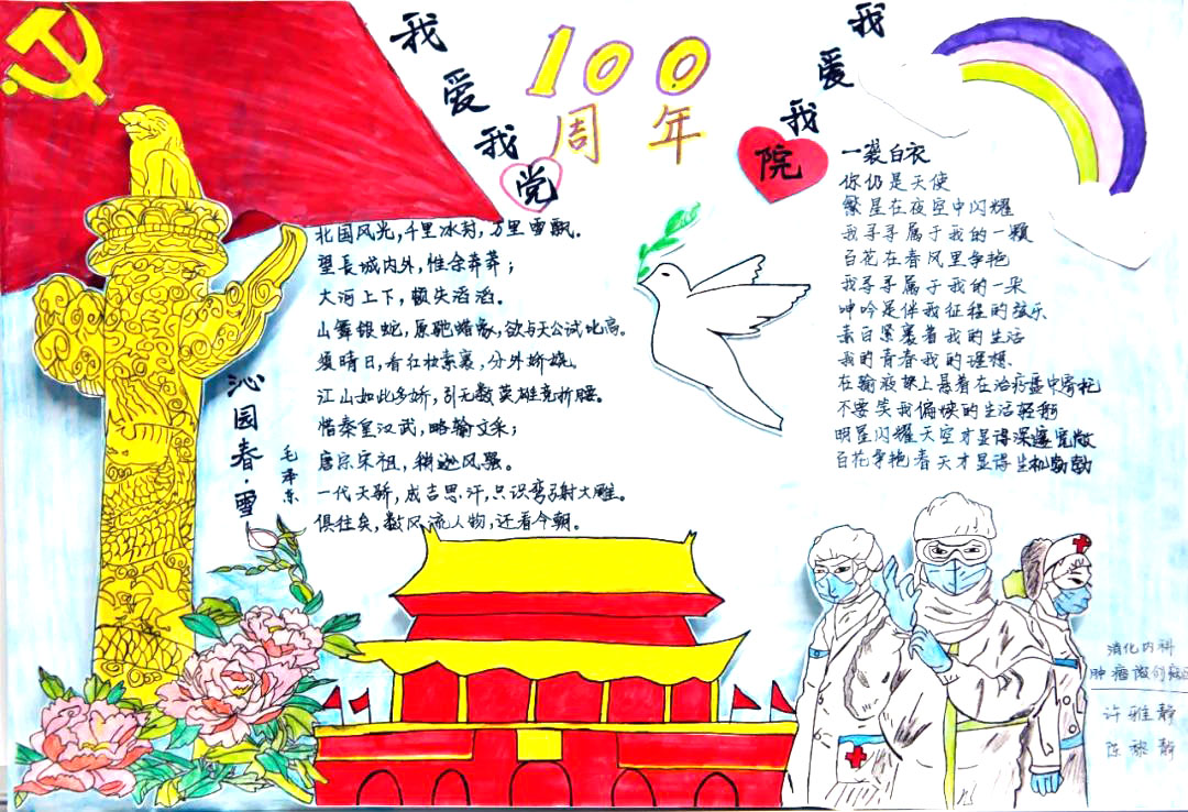 步骤8：手抄报题目：中国红与天使白 简要：党树新风