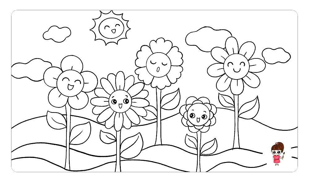 步骤10：在画面上方画出太阳和云朵，云朵可以画的轻松随意些，要画出大小的变化，注意云朵和花朵的前后遮挡关系。