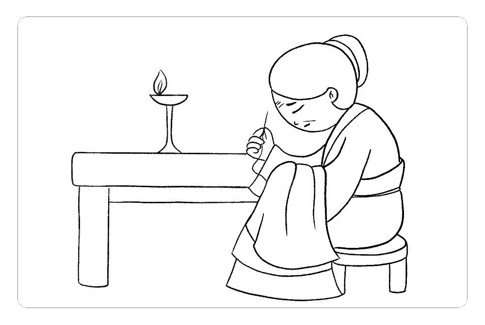 步骤7：在母亲的左侧画出桌子、灯盏