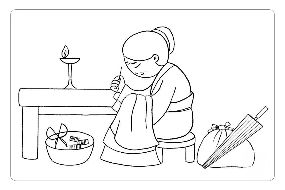 步骤9：再在母亲的身后画上孩子的包袱和雨伞。一个在灯下缝制衣服的母亲形象就画出来啦